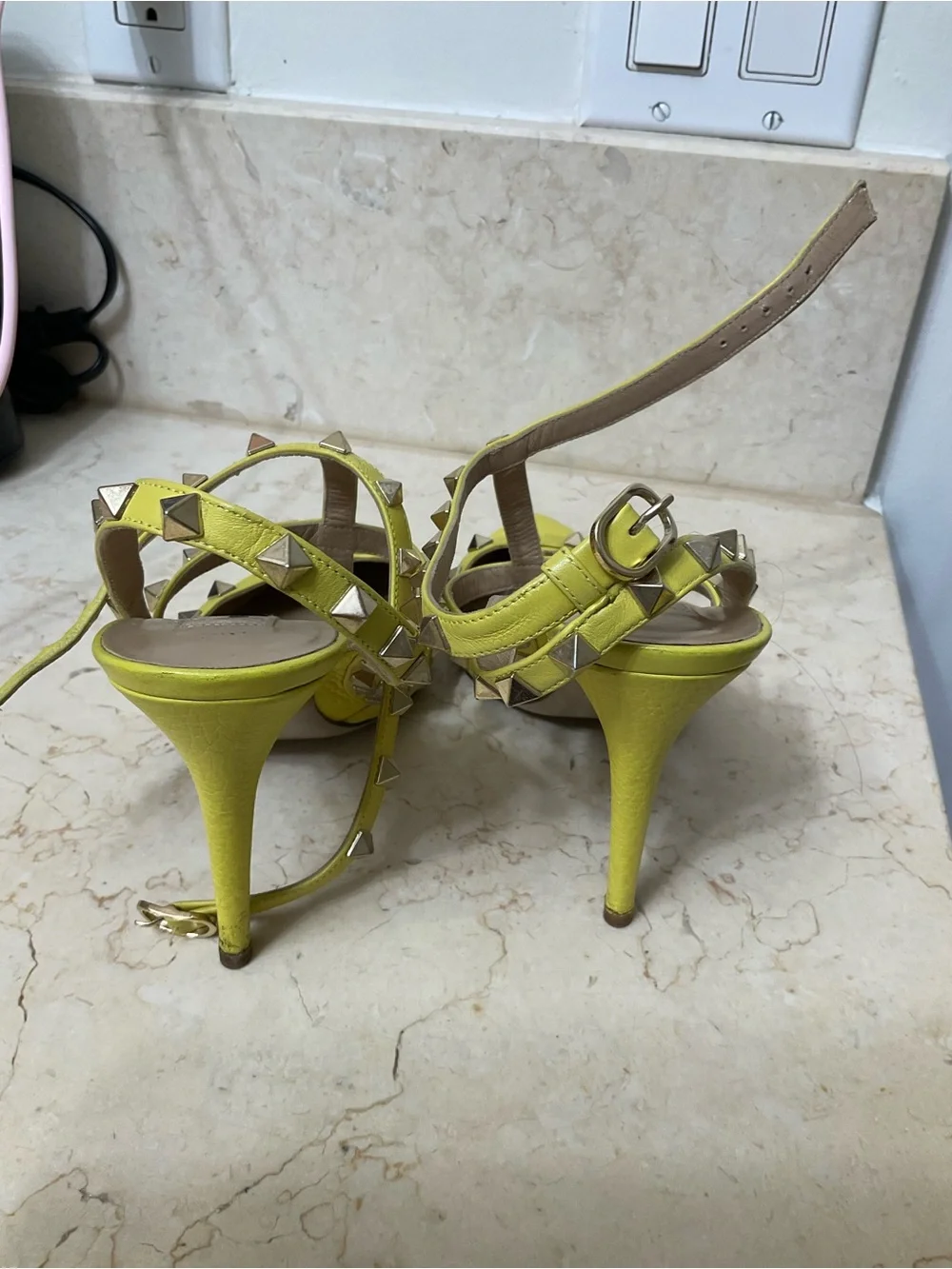 Valentino Lemon Yellow Rockstud Pointed-Toe Slingback Flats
